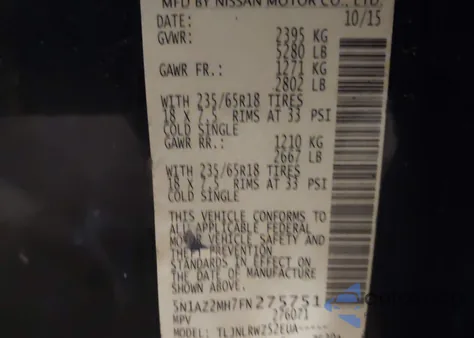 2015 Nissan Murano Sl from USA, damaged, VIN 5N1AZ2MH7FN275751